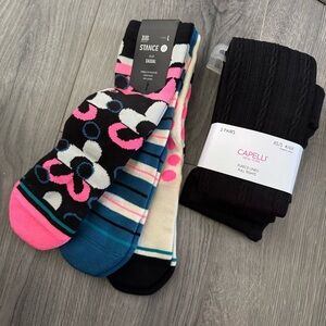 Stance Socks & Capelli Fleece Lined Tights 5 Item Bundle Black Pink Blue Floral